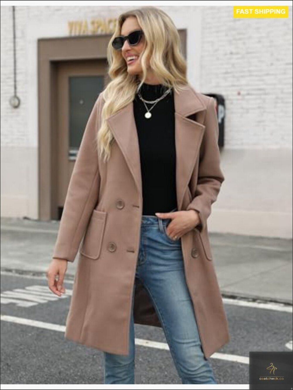 Women Wool Blend Pea Coat Double-Breasted Notch Lapel Long Sleeve Winter Jacket - Picture 5 of 7